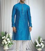 Blue silk blend floral motif pattern kurta set for men