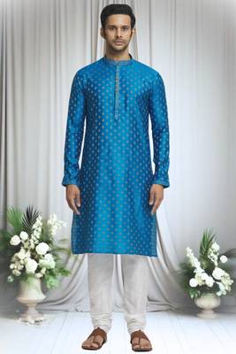 Blue silk blend floral motif pattern kurta set for men 4