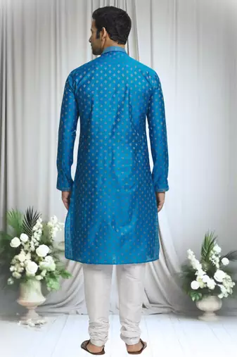 Blue silk blend floral motif pattern kurta set for men