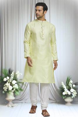 Yellow silk blend bloom motif pattern kurta set for men 1