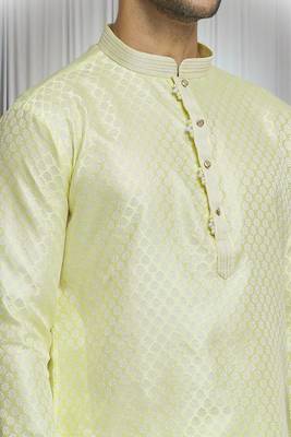 Yellow silk blend bloom motif pattern kurta set for men 2