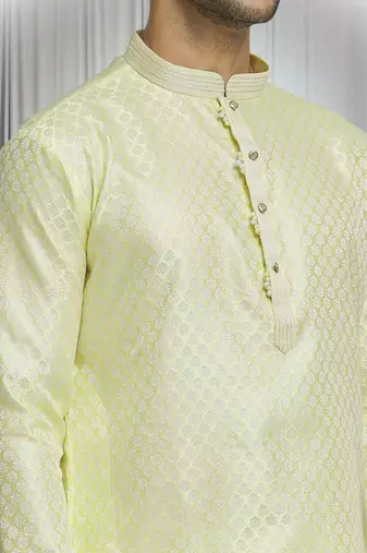 Yellow silk blend bloom motif pattern kurta set for men