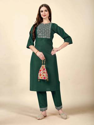 Bottle green  embroidery work  cotton rayon slub based  aline kurti  womens kurti set 1