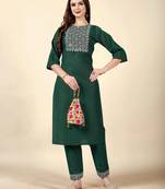 Bottle green  embroidery work  cotton rayon slub based  aline kurti  womens kurti set