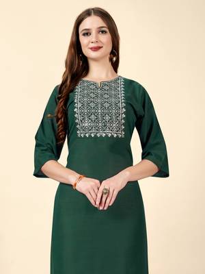 Bottle green  embroidery work  cotton rayon slub based  aline kurti  womens kurti set 2