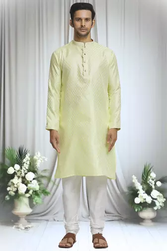 Yellow silk blend bloom motif pattern kurta set for men