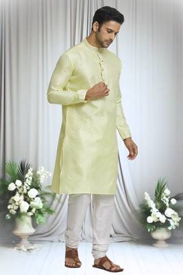 Yellow silk blend bloom motif pattern kurta set for men 4