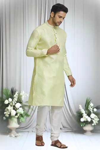 Yellow silk blend bloom motif pattern kurta set for men