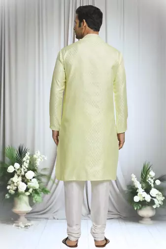 Yellow silk blend bloom motif pattern kurta set for men
