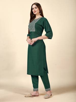 Bottle green  embroidery work  cotton rayon slub based  aline kurti  womens kurti set 3