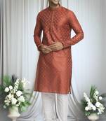 Brown silk blend bloom crest motif pattern kurta set for men