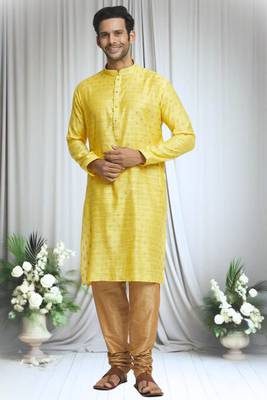 Yellow silk blend tulip motif pattern kurta set for men 1