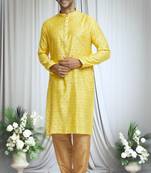 Yellow silk blend tulip motif pattern kurta set for men