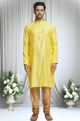 Yellow silk blend tulip motif pattern kurta set for men 2