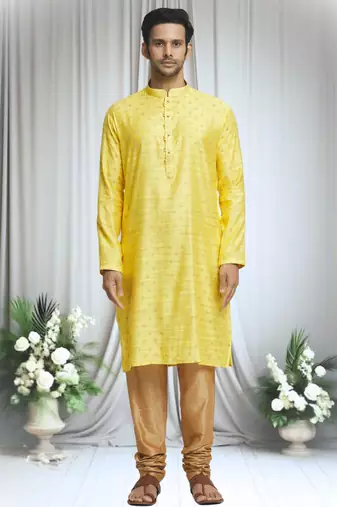 Yellow silk blend tulip motif pattern kurta set for men
