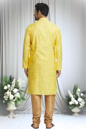 Yellow silk blend tulip motif pattern kurta set for men