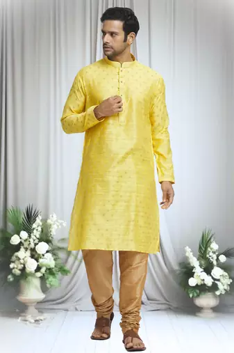 Yellow silk blend tulip motif pattern kurta set for men