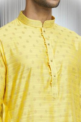 Yellow silk blend tulip motif pattern kurta set for men 5