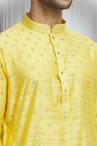 Yellow silk blend tulip motif pattern kurta set for men