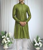 Green silk blend floret motif pattern kurta set for men