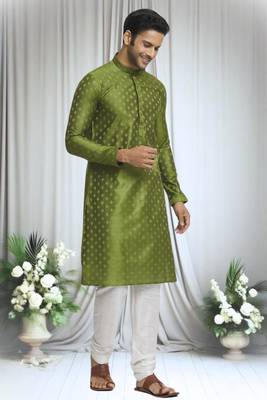 Green silk blend floret motif pattern kurta set for men 2