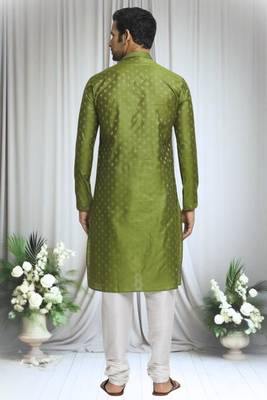 Green silk blend floret motif pattern kurta set for men 3