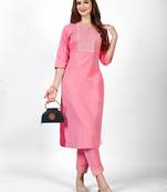 Pink  embroidery work  cotton rayon slub based  aline kurti  womens kurti set