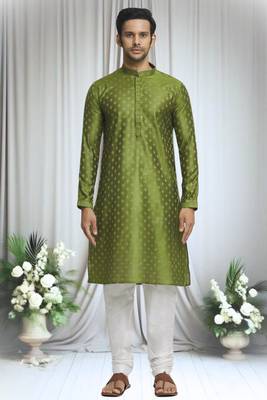 Green silk blend floret motif pattern kurta set for men 5