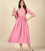 Pink  embroidery work  cotton rayon slub based  anarkali kurti  womens kurti