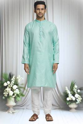 Green silk blend damask motif pattern kurta set for men 1