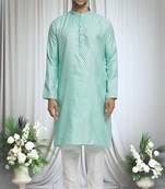 Green silk blend damask motif pattern kurta set for men