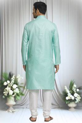 Green silk blend damask motif pattern kurta set for men 4