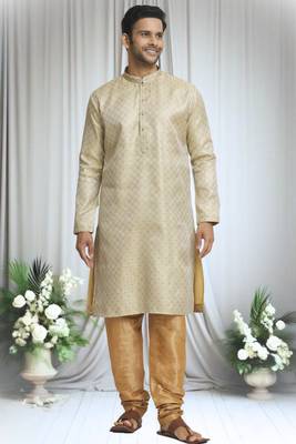 Beige silk blend quad swerve pattern kurta set for men 1