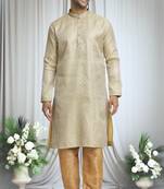 Beige silk blend quad swerve pattern kurta set for men