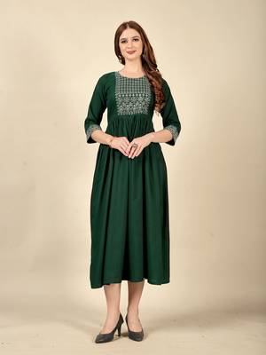 Bottle green  embroidery work  cotton rayon slub based  anarkali kurti  womens kurti 1