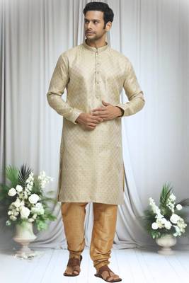 Beige silk blend quad swerve pattern kurta set for men 4