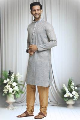 Grey silk blend floral pattern kurta and churidar set for men 1
