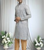 Grey silk blend floral pattern kurta and churidar set for men