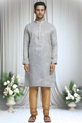 Grey silk blend floral pattern kurta and churidar set for men 2