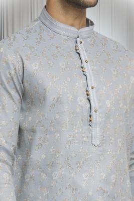 Grey silk blend floral pattern kurta and churidar set for men 3