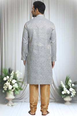 Grey silk blend floral pattern kurta and churidar set for men 4