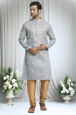 Grey silk blend floral pattern kurta and churidar set for men 5