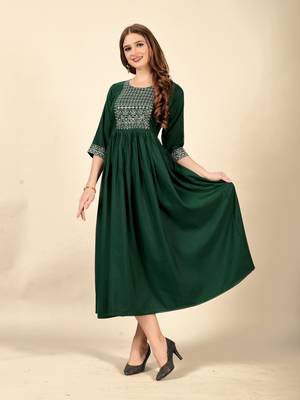 Bottle green  embroidery work  cotton rayon slub based  anarkali kurti  womens kurti 4