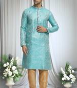 Blue silk blend plain straight floral pattern kurta and churidar set for men