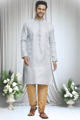 Grey silk blend plain geometric pattern kurta and churidar set for men 1