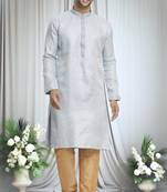 Grey silk blend plain geometric pattern kurta and churidar set for men