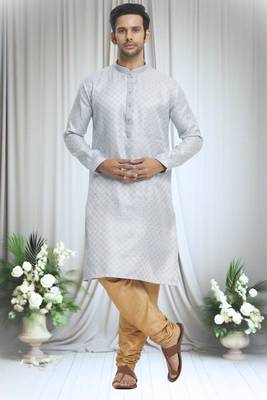 Grey silk blend plain geometric pattern kurta and churidar set for men 2