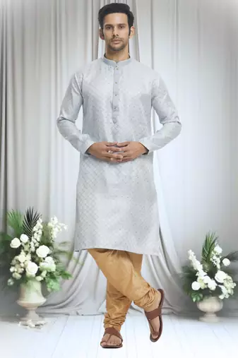 Grey silk blend plain geometric pattern kurta and churidar set for men