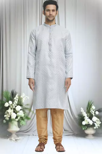 Grey silk blend plain geometric pattern kurta and churidar set for men