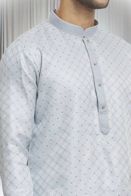 Grey silk blend plain geometric pattern kurta and churidar set for men 4